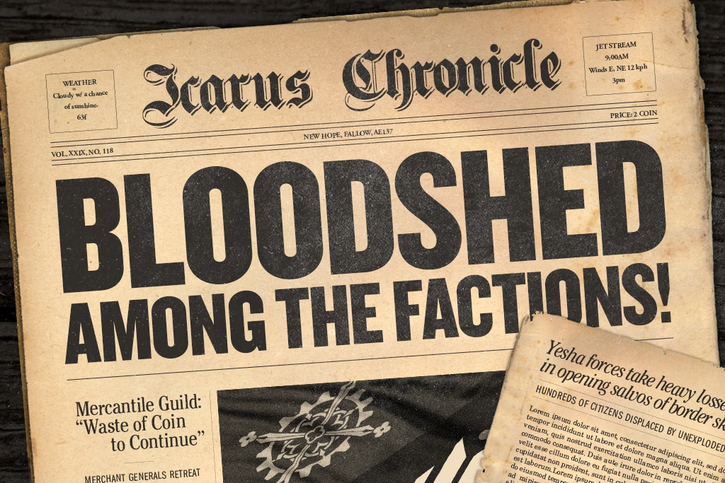 Newspaper headline reads 'Bloodshed Among the Factions!'