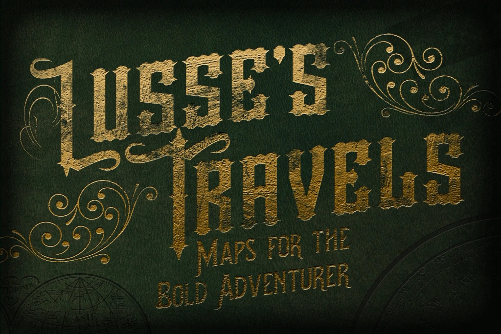 Green book cover with gold text reads 'Lusse's Travels'